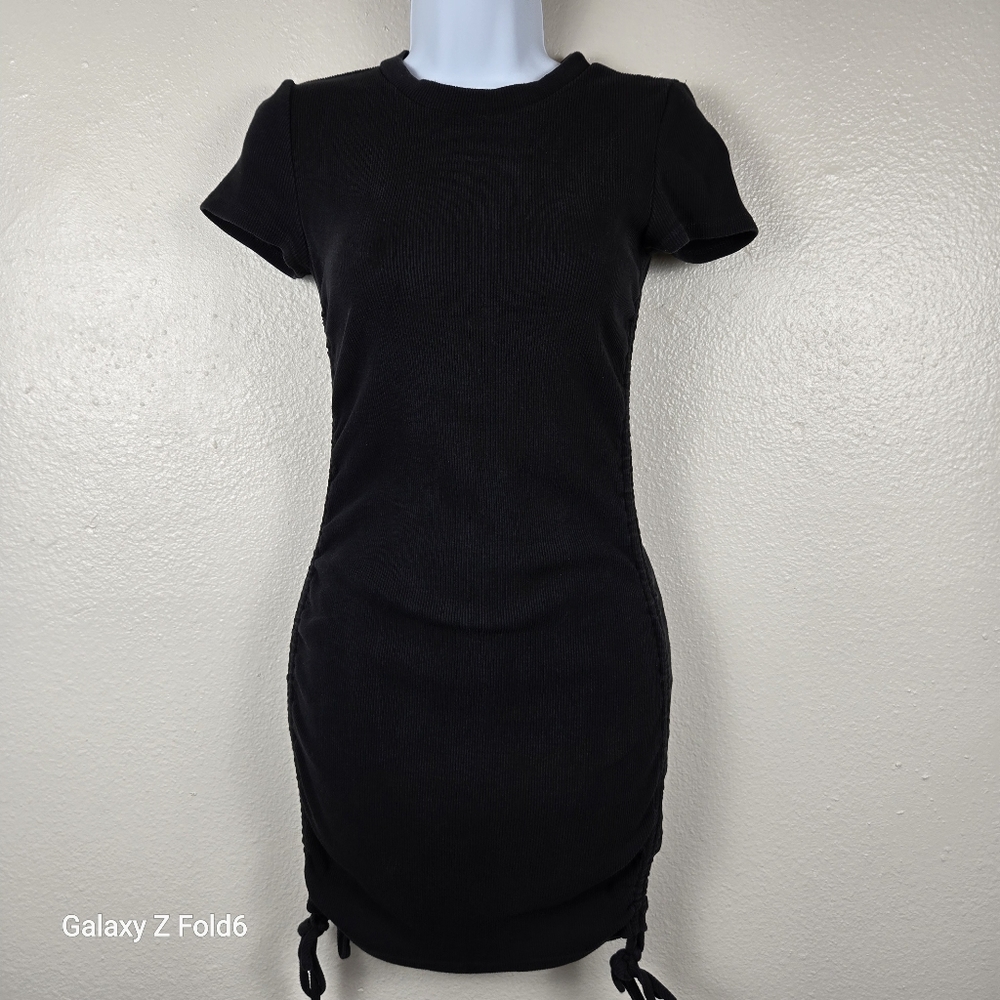Forever 21 Dress Womens Small Black Excellent Ribbed Ruched Side Tie Bodycon